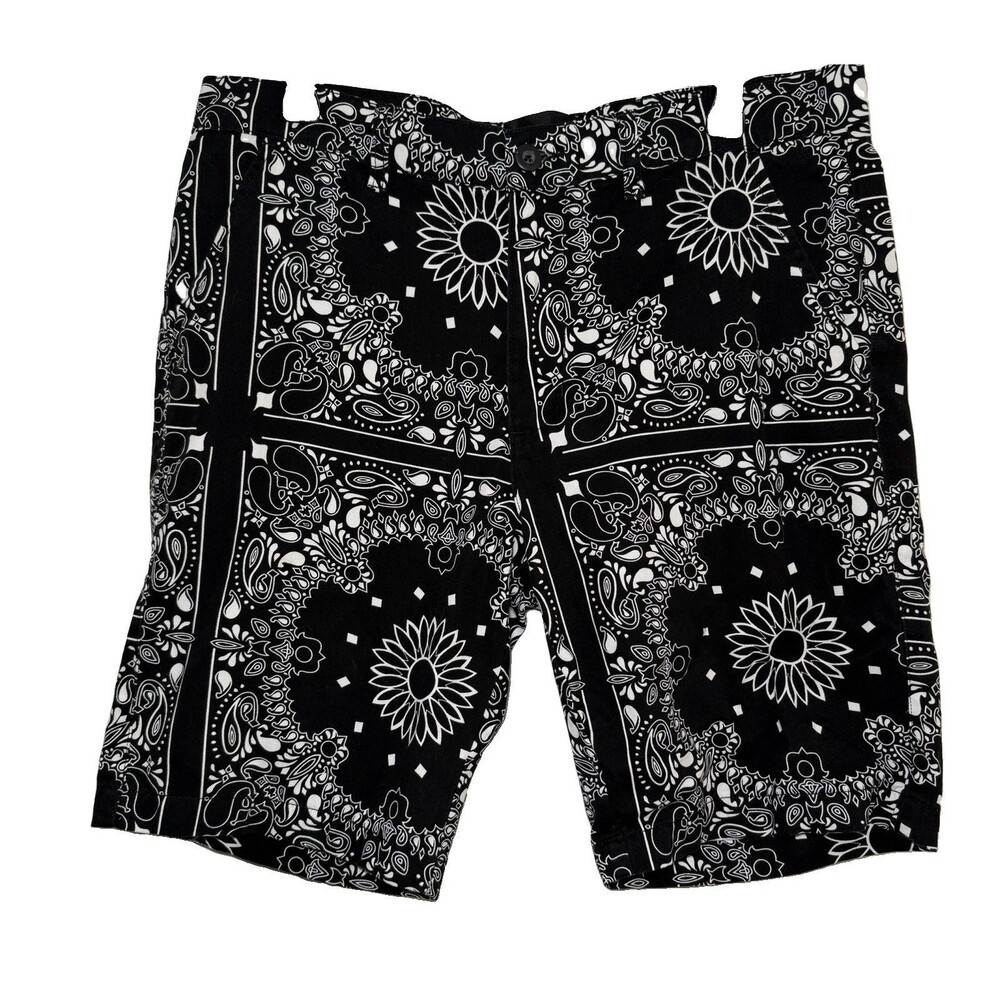 Jackson Men’s Shorts Size 34 Black White Bandana Paisley Sunflower 100% Cotton